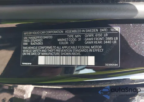 2025 Volvo Xc90 B6 Ultra from USA, damaged, VIN YV4062PFXS1346720